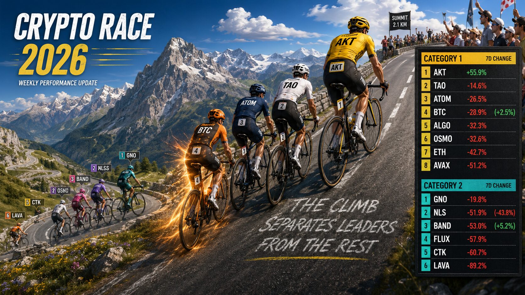 Crypto Race 2026 — July 11 Checkpoint: BTC Moves Back Up the Peloton as NLS Drops Sharply